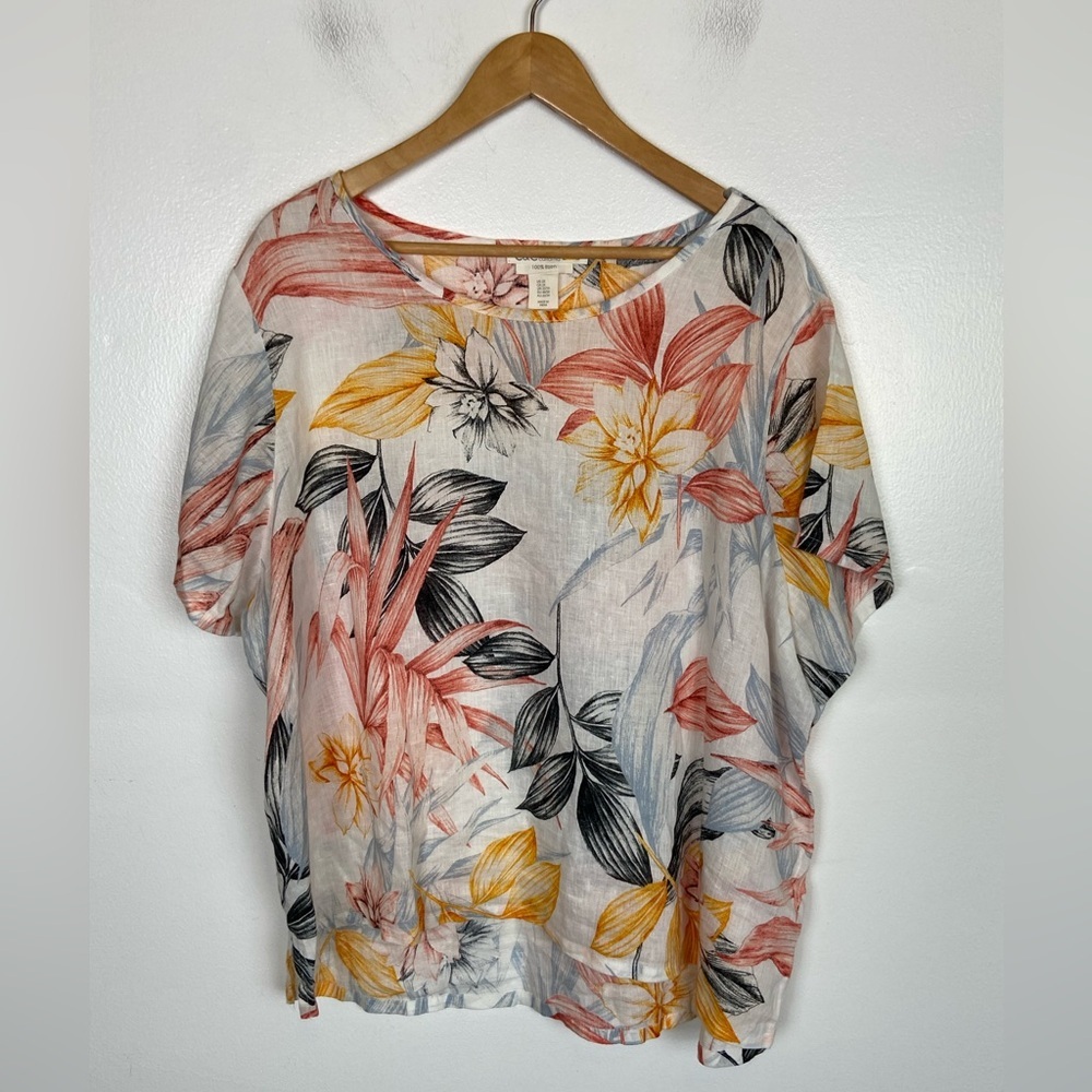 C&C California Linen Floral Short Sleeves Tunic Top Size‎ 2X Lagenlook Summer